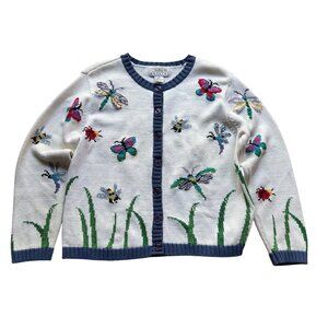 Vintage Talbots Size PS White Cotton Silk Blend Butterfly Ladybug Knit Cardigan